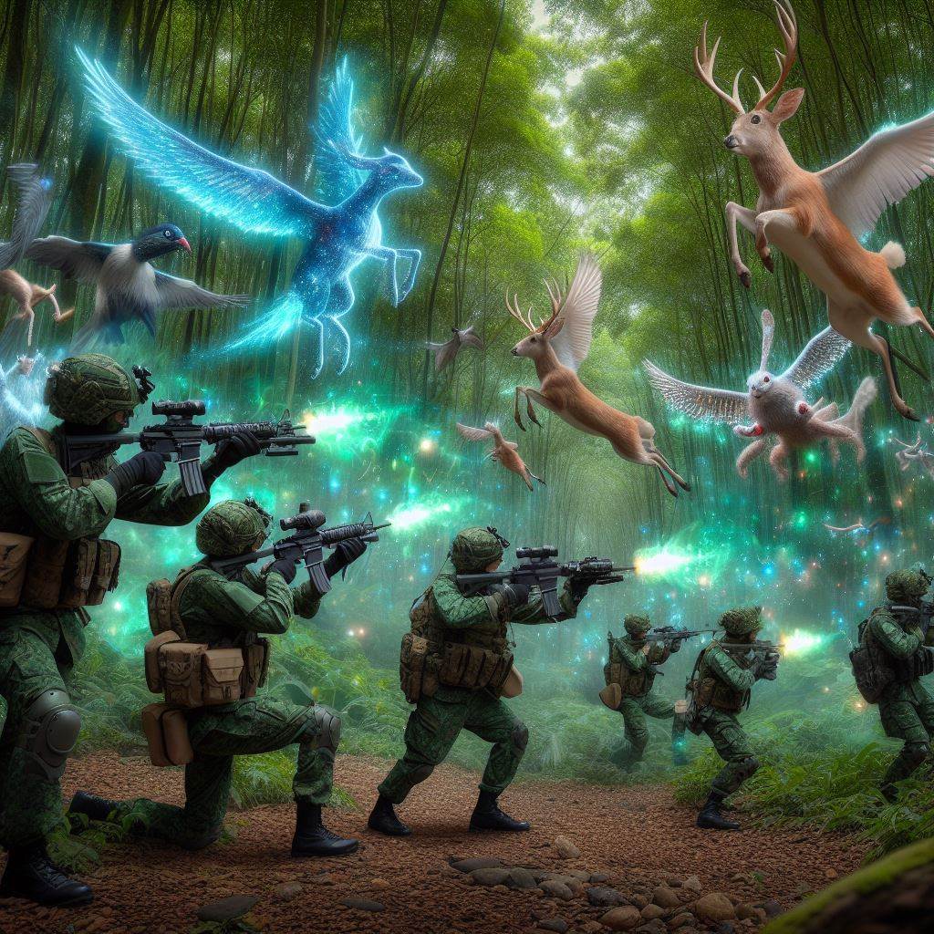 Batalla en el bosque mágico Batalla en el bosque entre animales mágicos y soldados. Imagen generada por AI por Ezequiel Colmenero-Acevedo