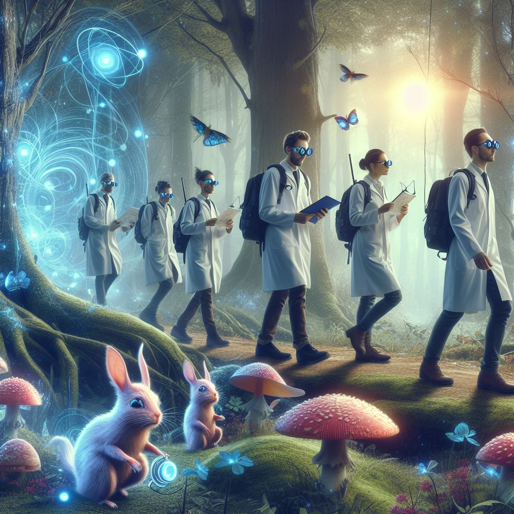 Científicos en el bosque mágico Imagen generada por AI para un cuento corto de Ezequiel Colmenero-Acevedo. científicos en el bosque mágico